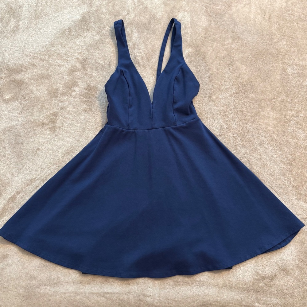 Lulus Navy Blue V-Neck Strappy Back Skater Mini Dress Womens Small